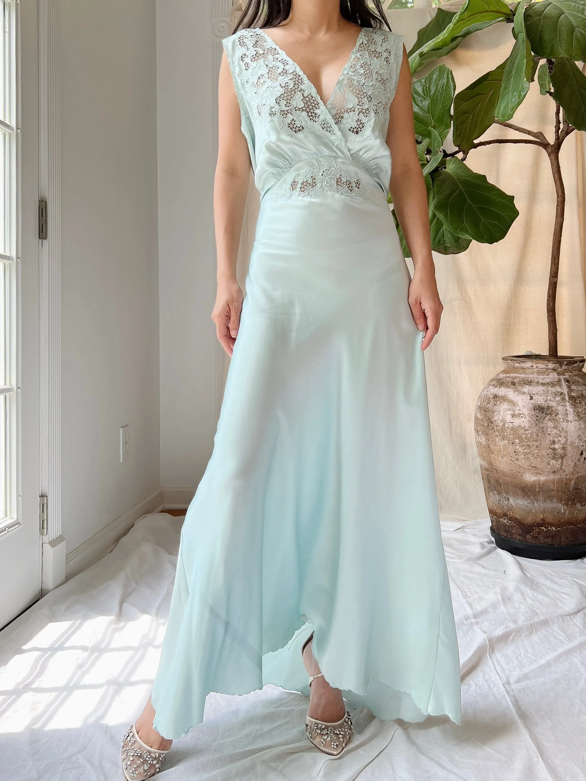 1940s Light Blue Silk Cutout Slip Dress - M