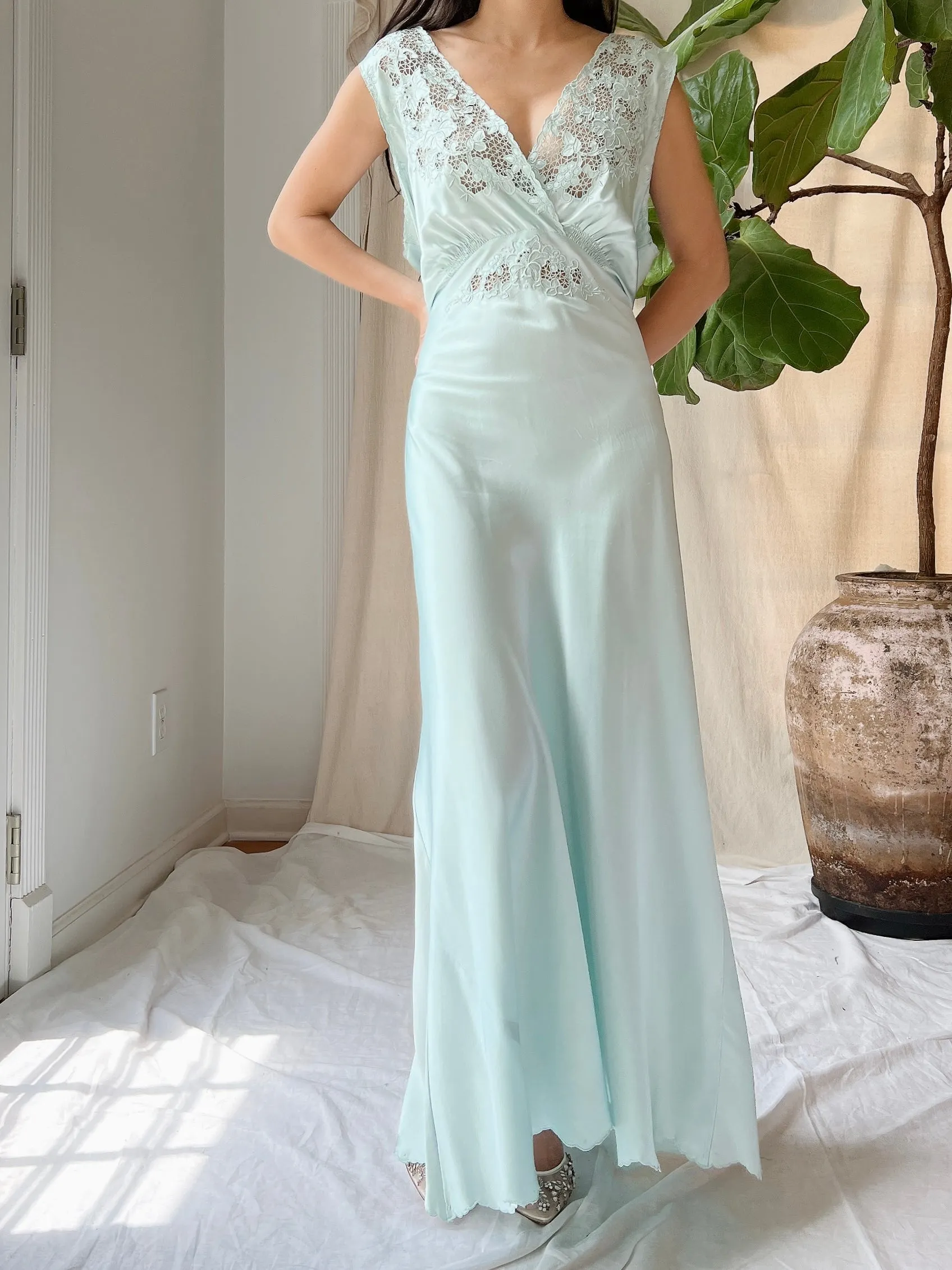 1940s Light Blue Silk Cutout Slip Dress - M