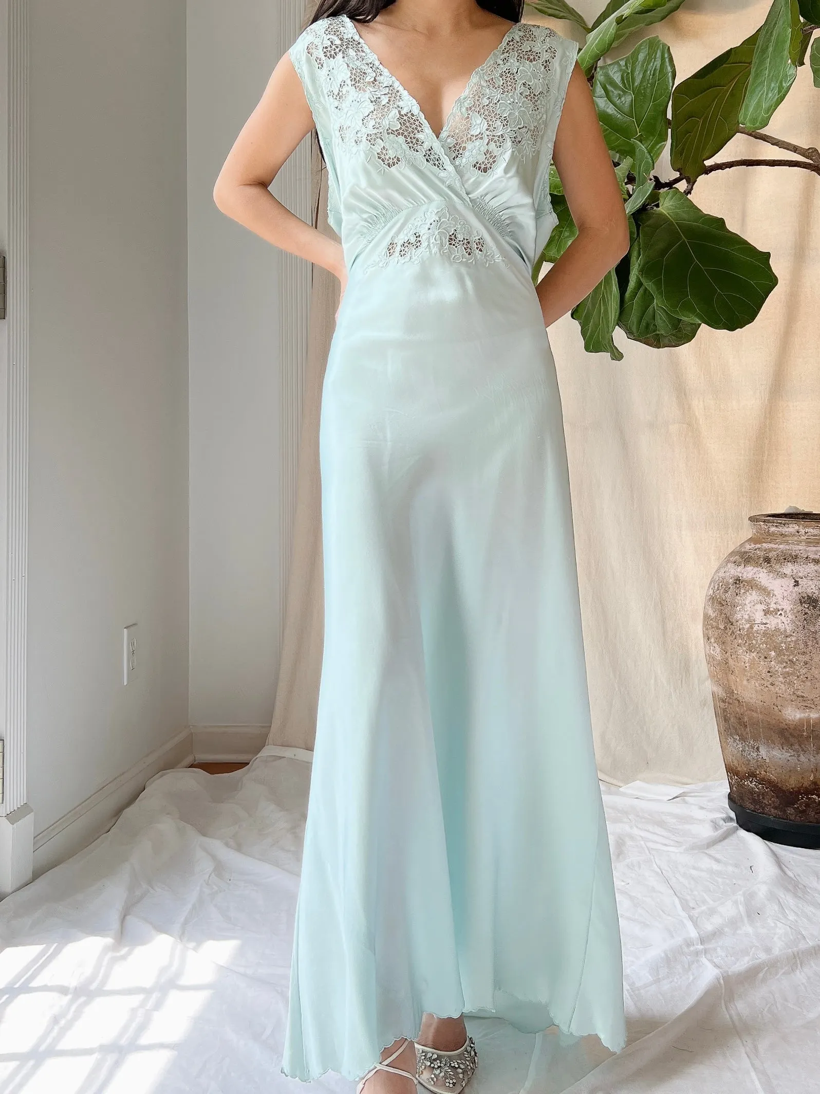 1940s Light Blue Silk Cutout Slip Dress - M