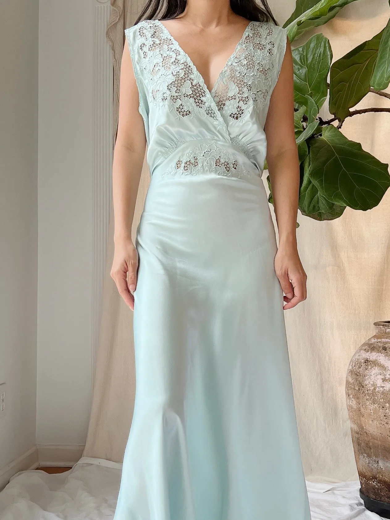 1940s Light Blue Silk Cutout Slip Dress - M