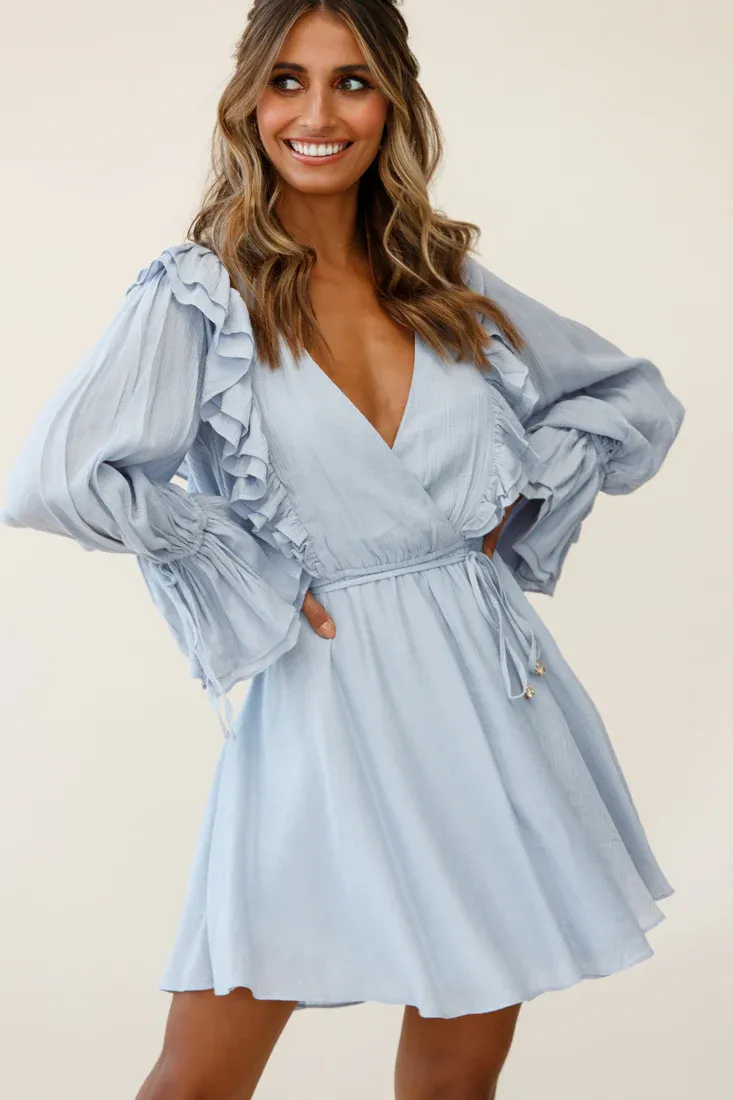 Adina Fluted Long Sleeve Frill Detail Dress Grey