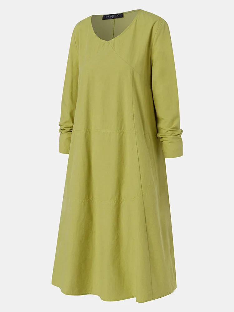 Apple Green Pure Color V-neck Long Sleeve Plain Casual Pocket Women Mini Dress