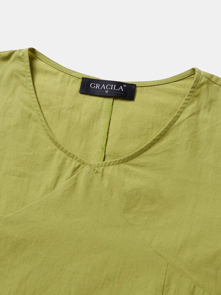 Apple Green Pure Color V-neck Long Sleeve Plain Casual Pocket Women Mini Dress