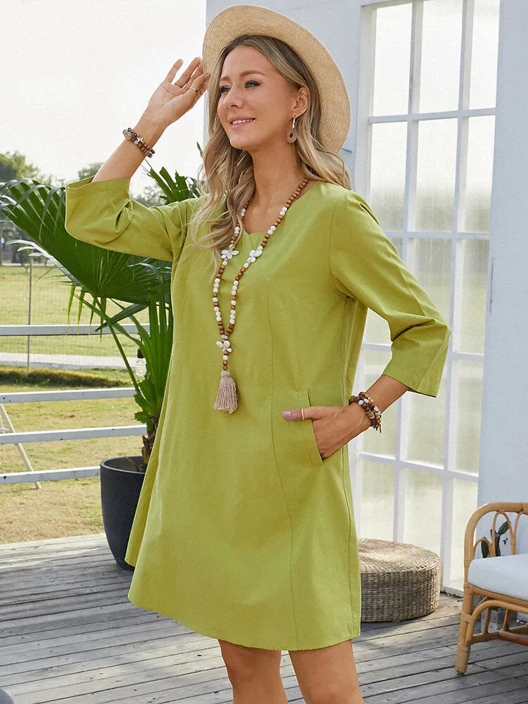 Apple Green Pure Color V-neck Long Sleeve Plain Casual Pocket Women Mini Dress