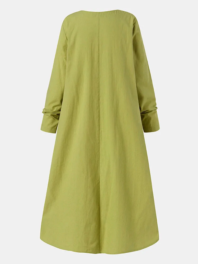 Apple Green Pure Color V-neck Long Sleeve Plain Casual Pocket Women Mini Dress
