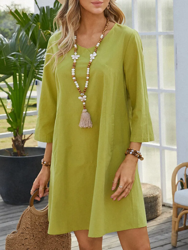 Apple Green Pure Color V-neck Long Sleeve Plain Casual Pocket Women Mini Dress