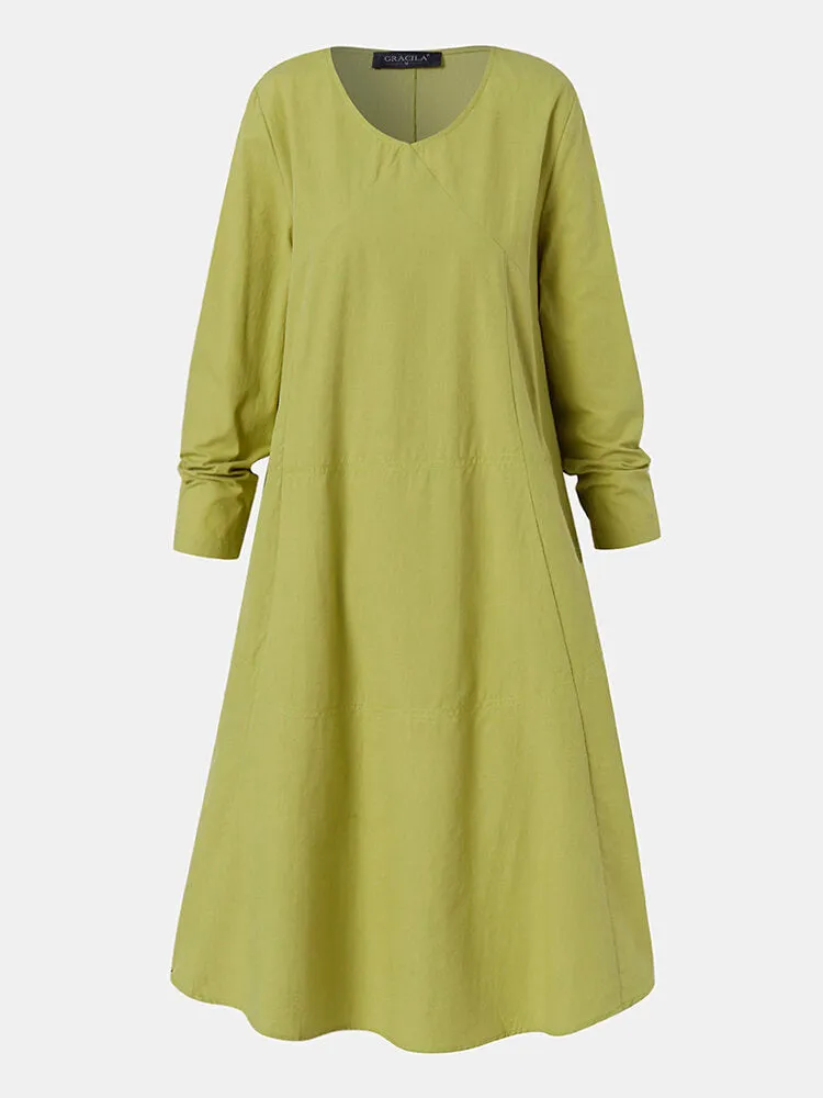 Apple Green Pure Color V-neck Long Sleeve Plain Casual Pocket Women Mini Dress