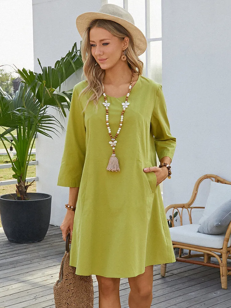 Apple Green Pure Color V-neck Long Sleeve Plain Casual Pocket Women Mini Dress