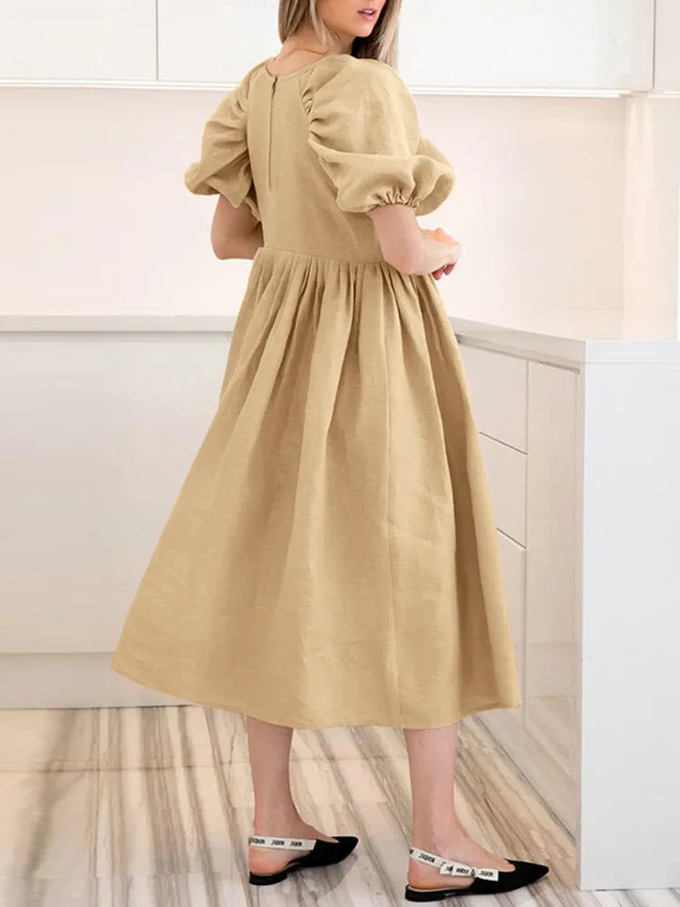 Back Zipper Pleated Puff Sleeve O-neck Ed Pockets Women Midi Dress