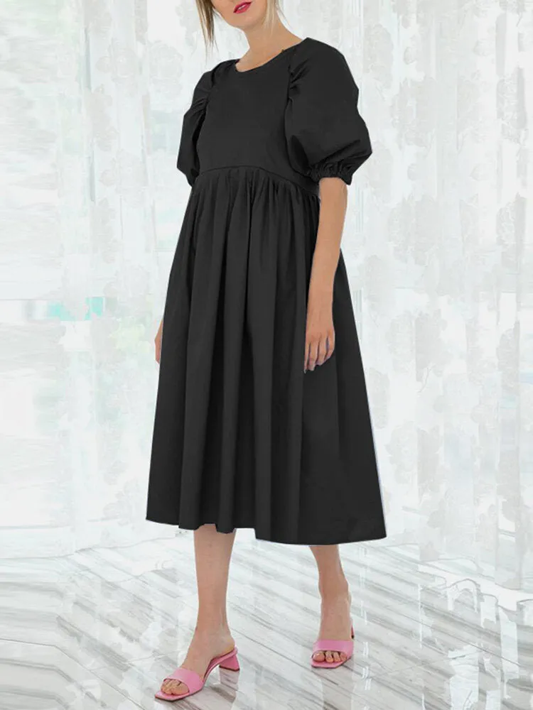 Back Zipper Pleated Puff Sleeve O-neck Ed Pockets Women Midi Dress