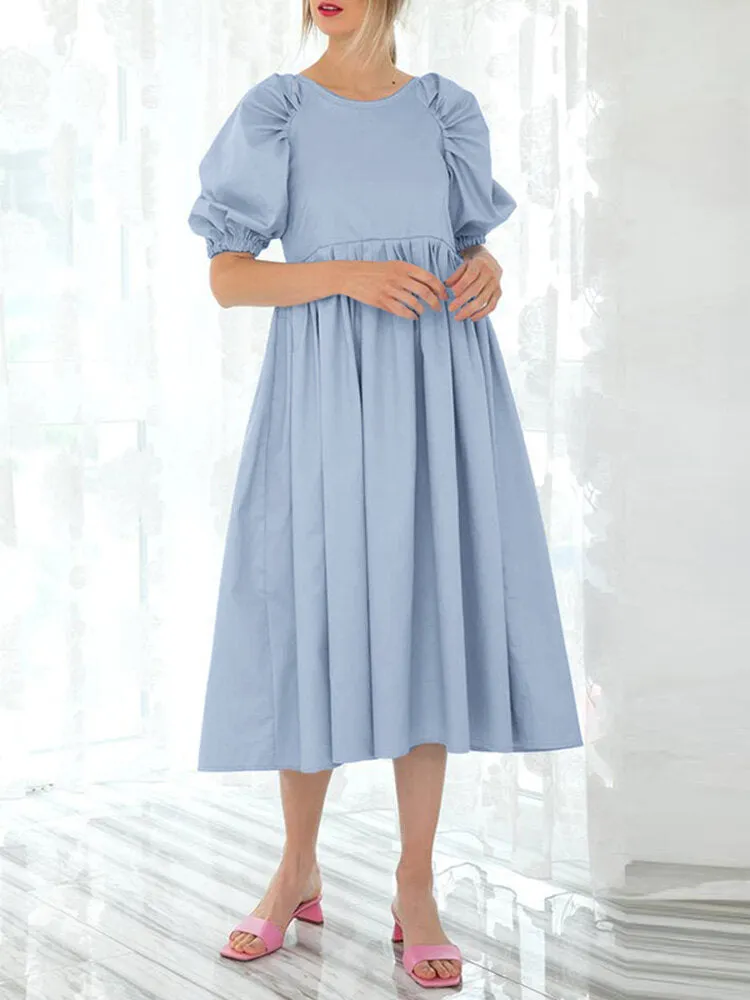 Back Zipper Pleated Puff Sleeve O-neck Ed Pockets Women Midi Dress
