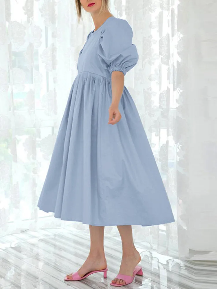 Back Zipper Pleated Puff Sleeve O-neck Ed Pockets Women Midi Dress
