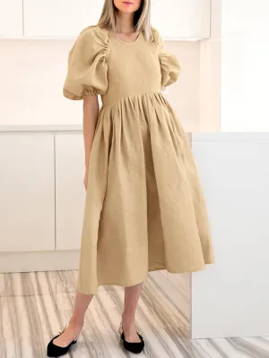 Back Zipper Pleated Puff Sleeve O-neck Ed Pockets Women Midi Dress