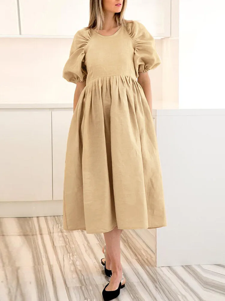Back Zipper Pleated Puff Sleeve O-neck Ed Pockets Women Midi Dress