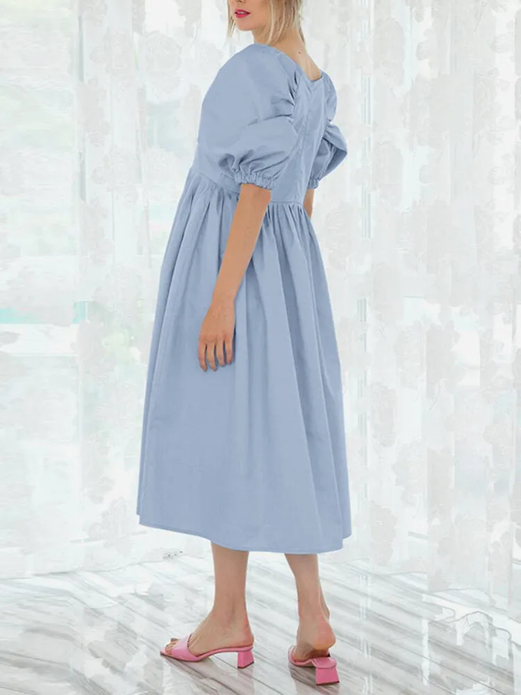 Back Zipper Pleated Puff Sleeve O-neck Ed Pockets Women Midi Dress