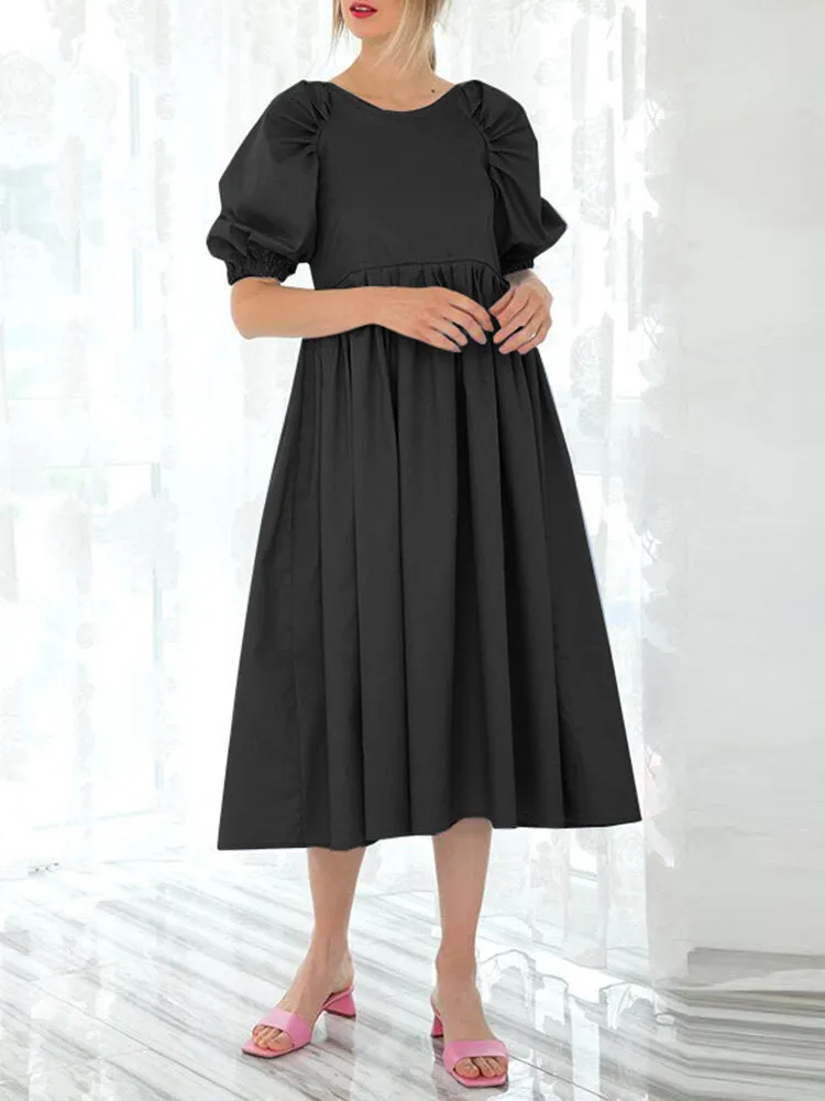 Back Zipper Pleated Puff Sleeve O-neck Ed Pockets Women Midi Dress
