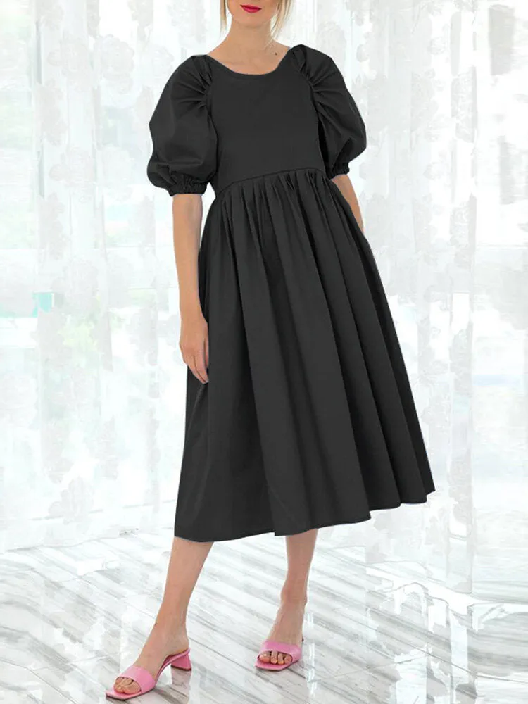 Back Zipper Pleated Puff Sleeve O-neck Ed Pockets Women Midi Dress