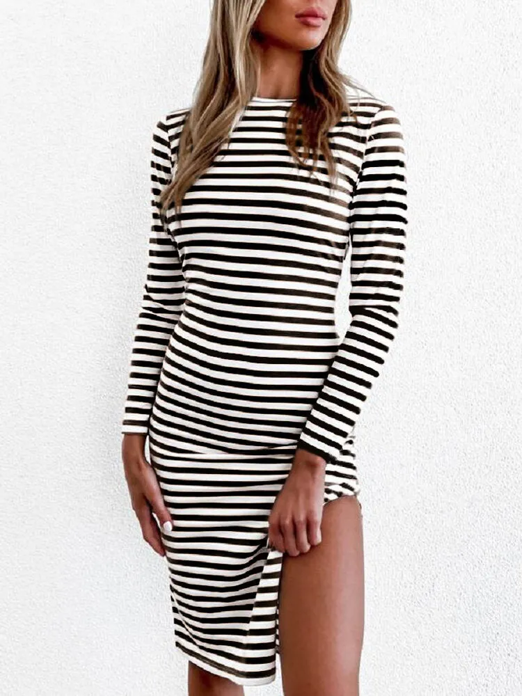 Basic Horizontal Stripes Print Round Neck Split Long Sleeve Women Midi Dress
