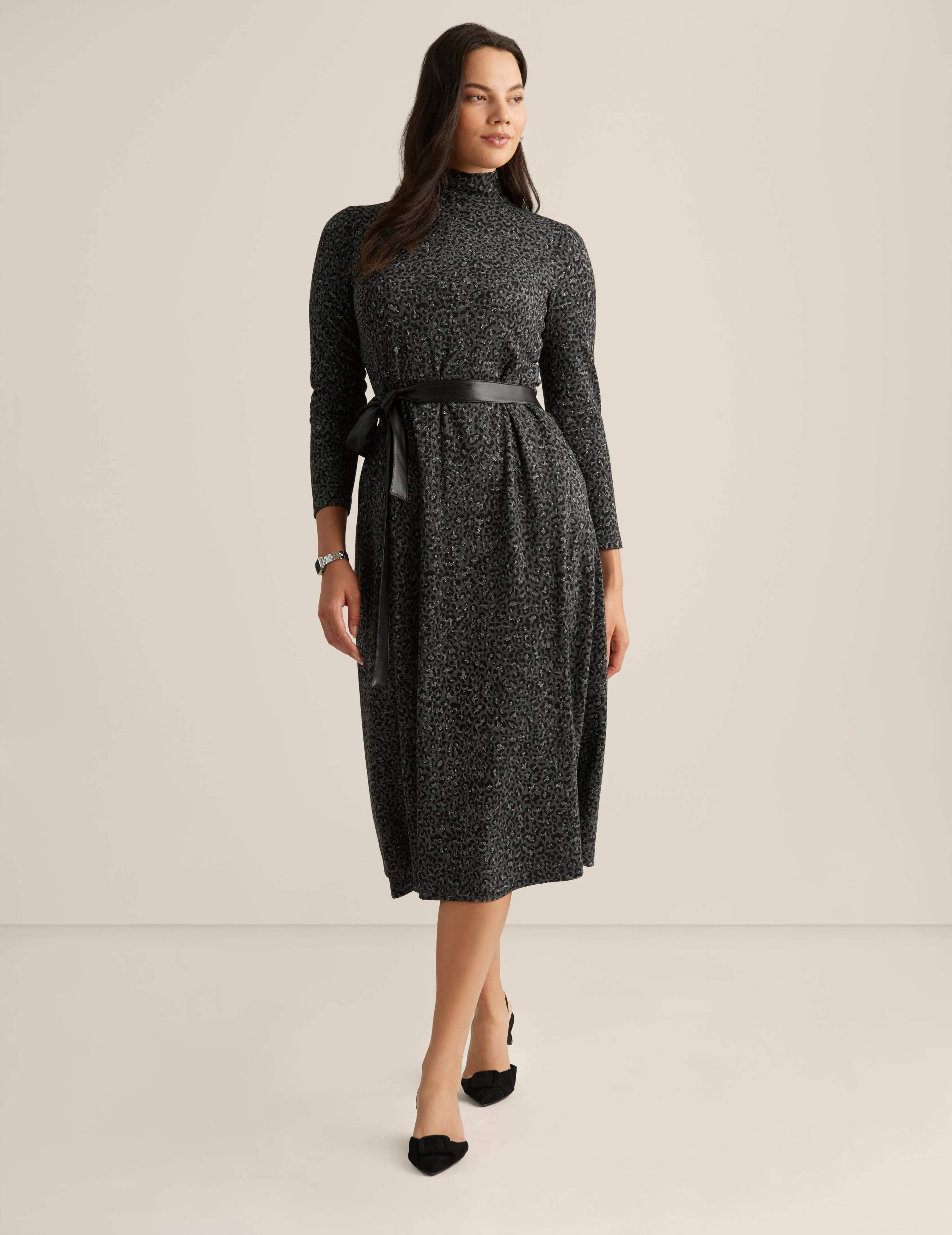 Belted Mock Neck Midi Dress - Sale