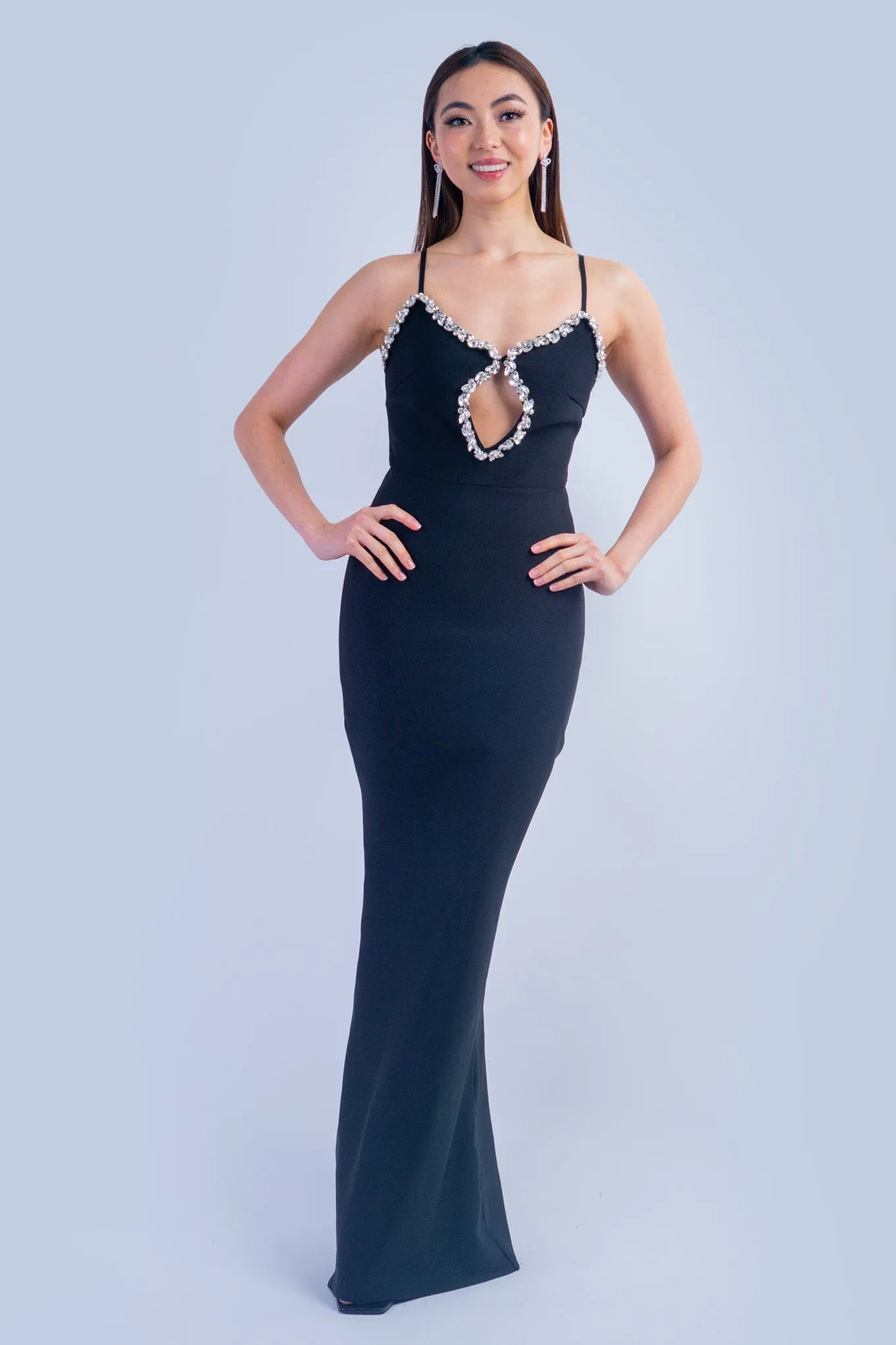 Black Rhinestone Keyhole Trim Fitted Gown