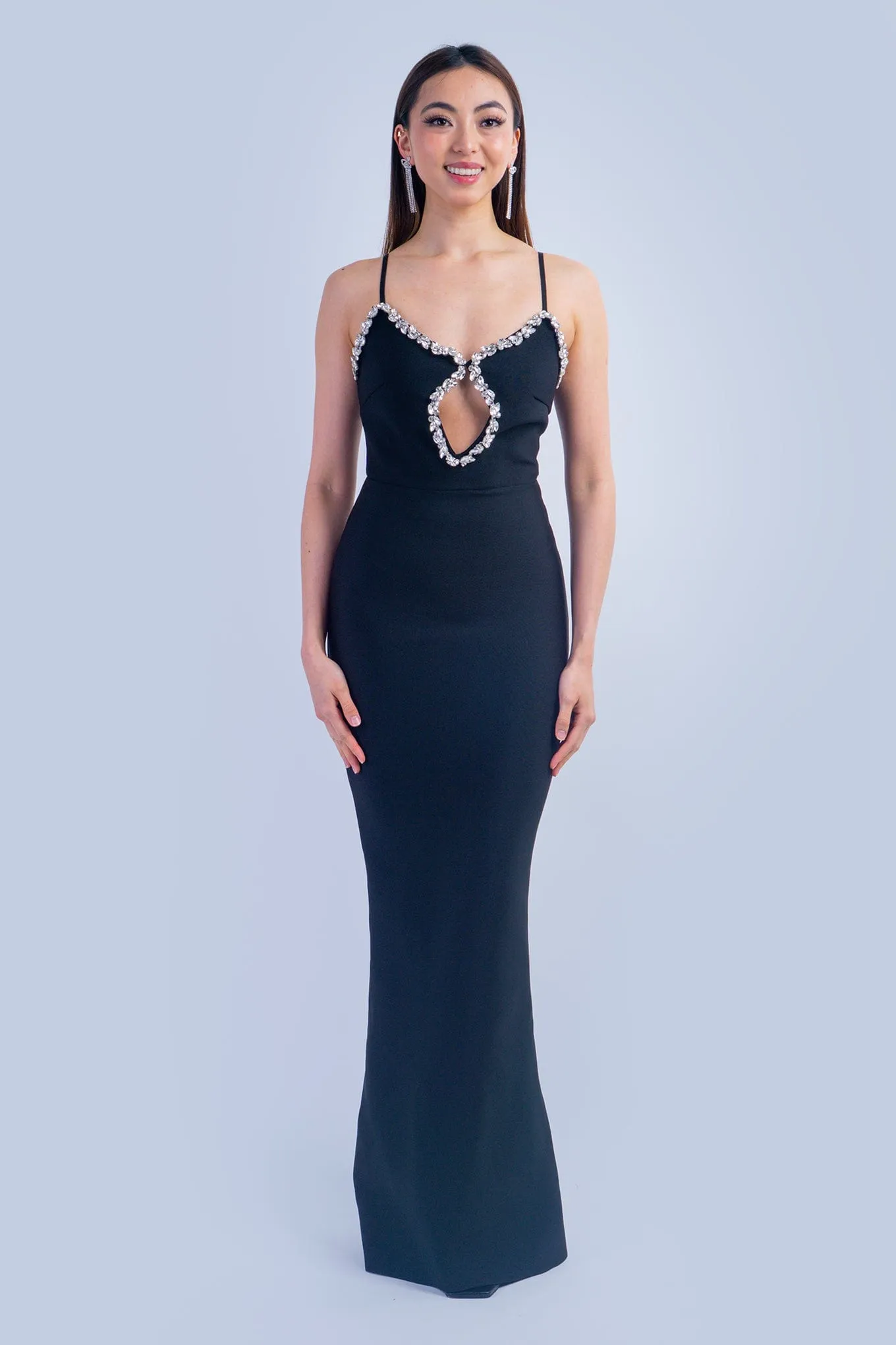 Black Rhinestone Keyhole Trim Fitted Gown