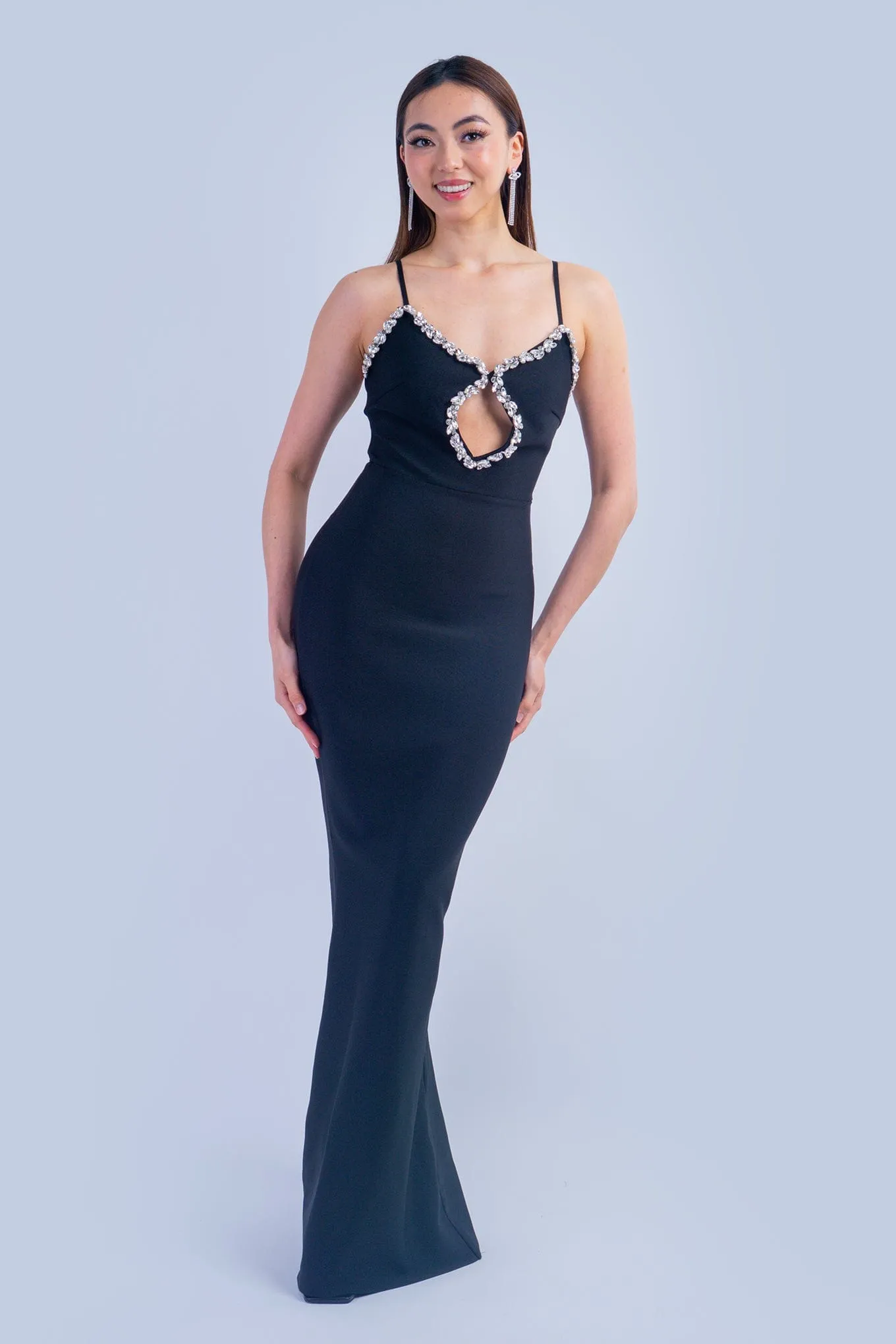 Black Rhinestone Keyhole Trim Fitted Gown