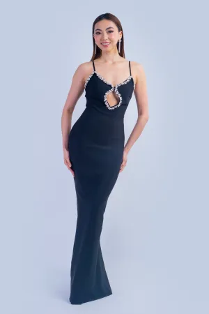 Black Rhinestone Keyhole Trim Fitted Gown