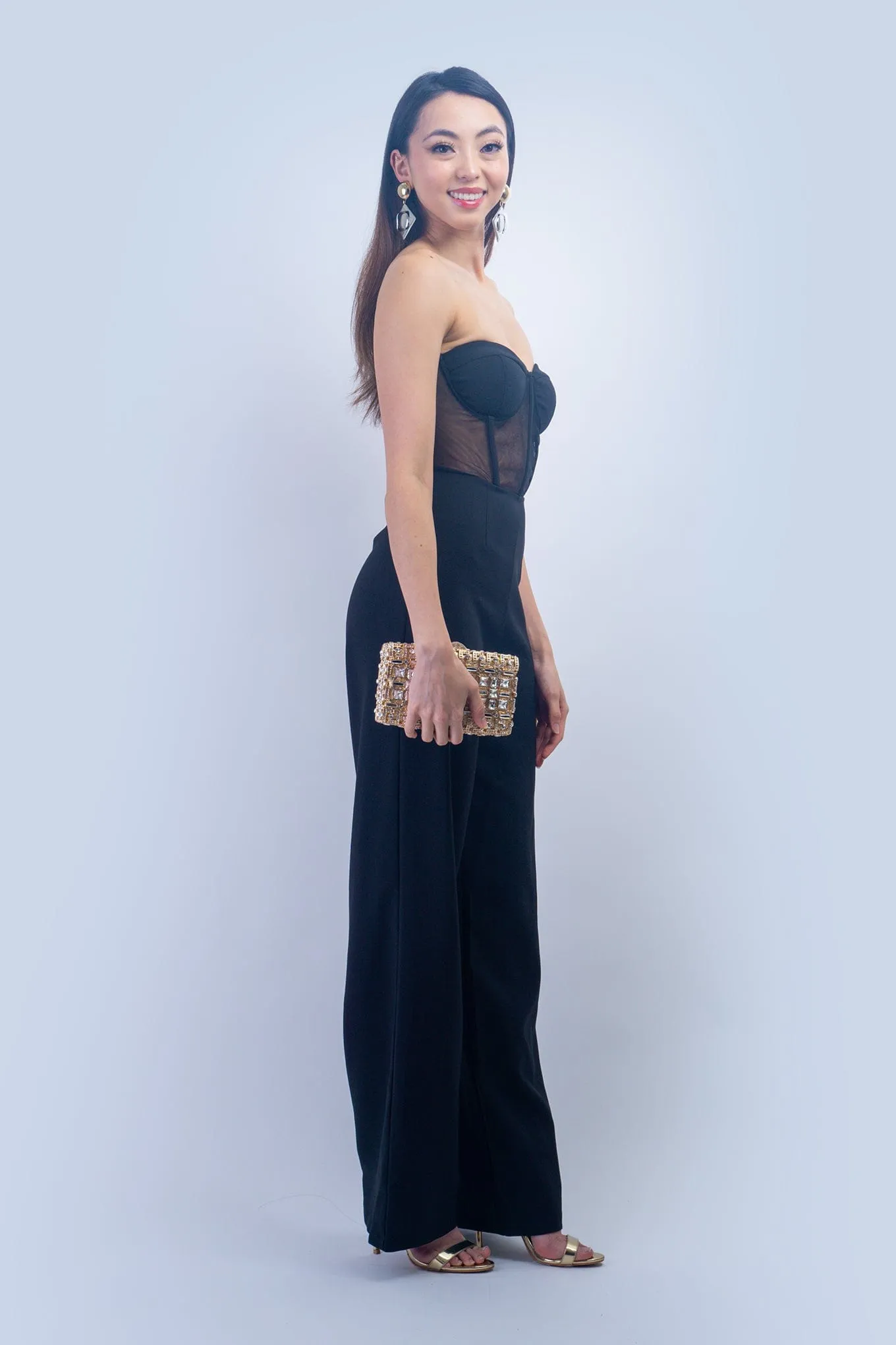 Black Strapless Corset Jumpsuit with Wrap One Shoulder Jacket