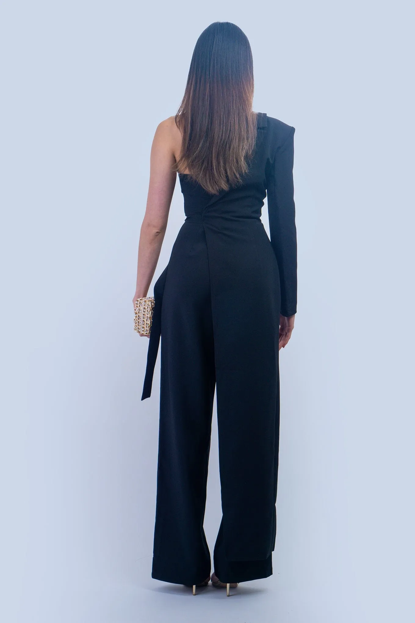 Black Strapless Corset Jumpsuit with Wrap One Shoulder Jacket