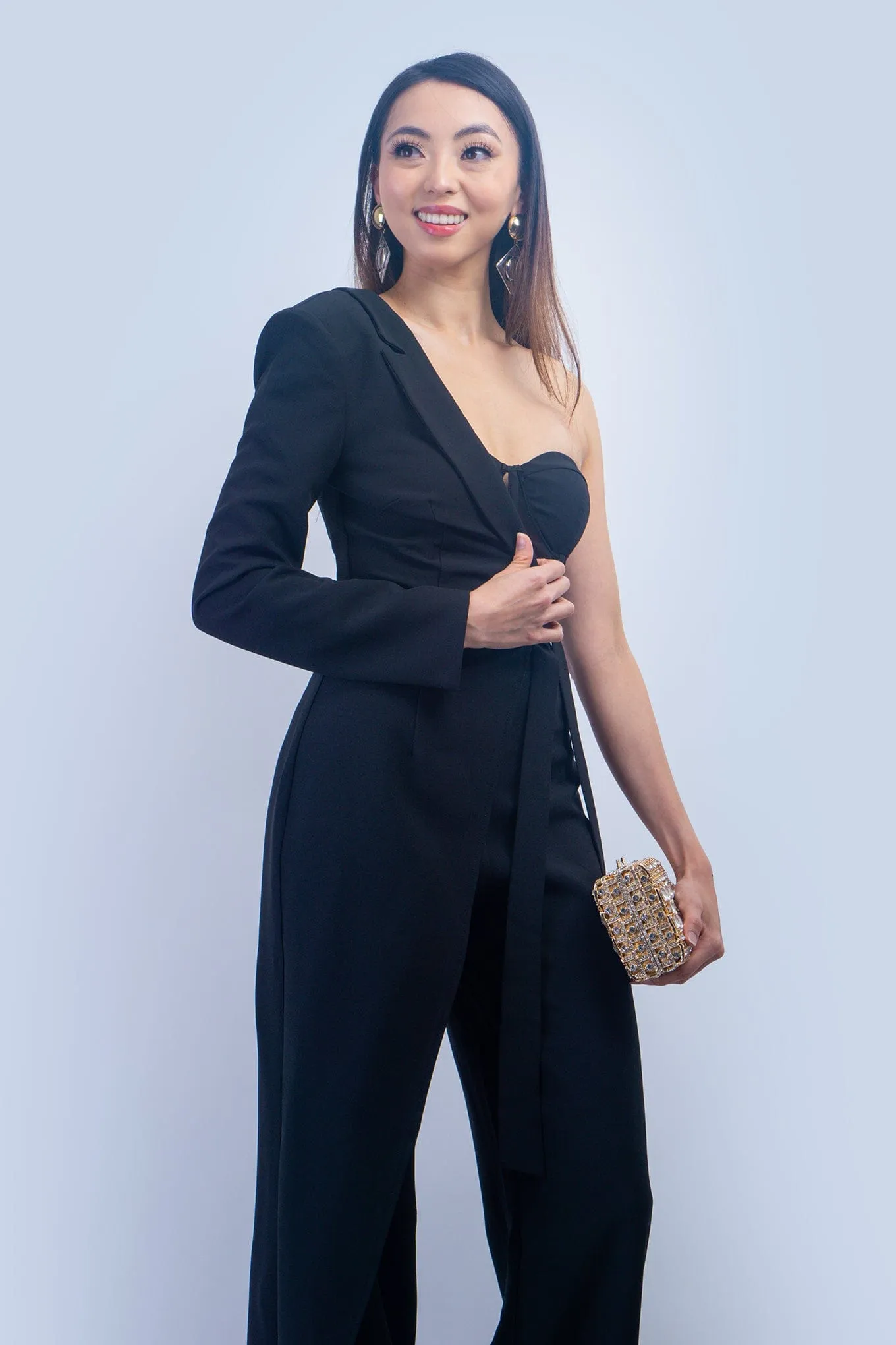 Black Strapless Corset Jumpsuit with Wrap One Shoulder Jacket