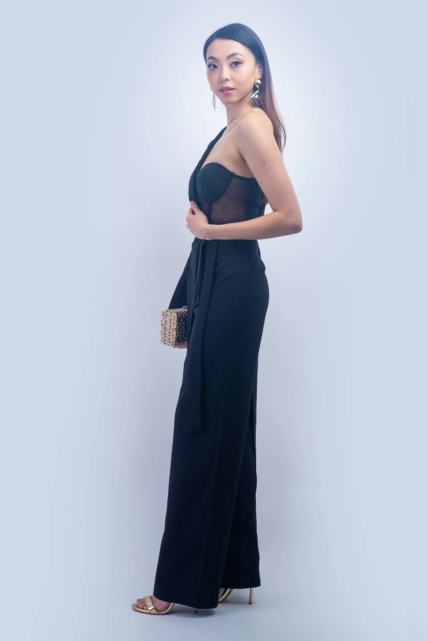 Black Strapless Corset Jumpsuit with Wrap One Shoulder Jacket