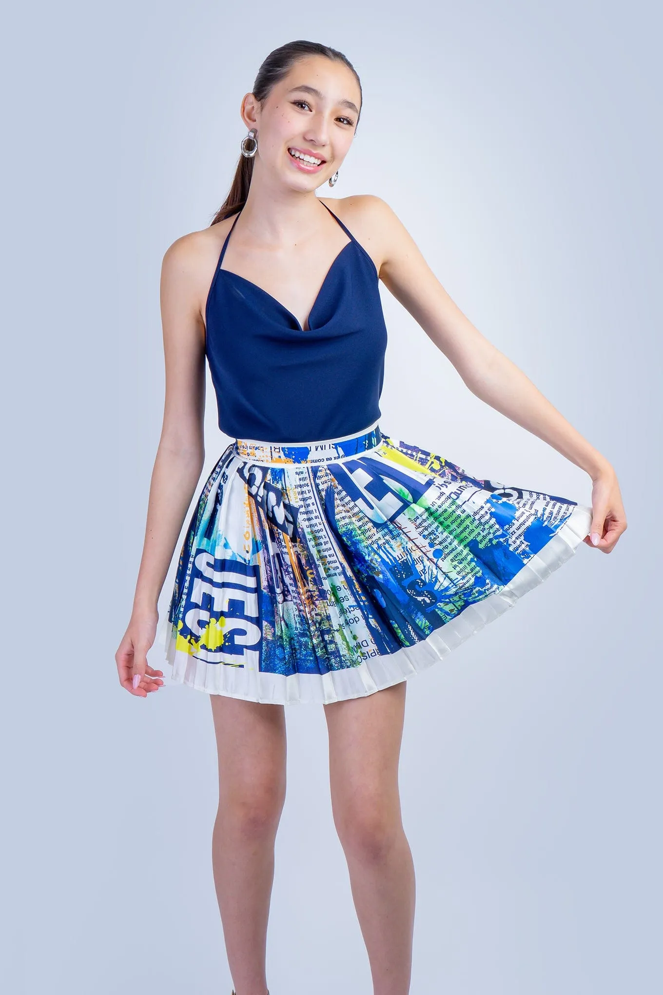 Blue Multi Print Pleated Skirt