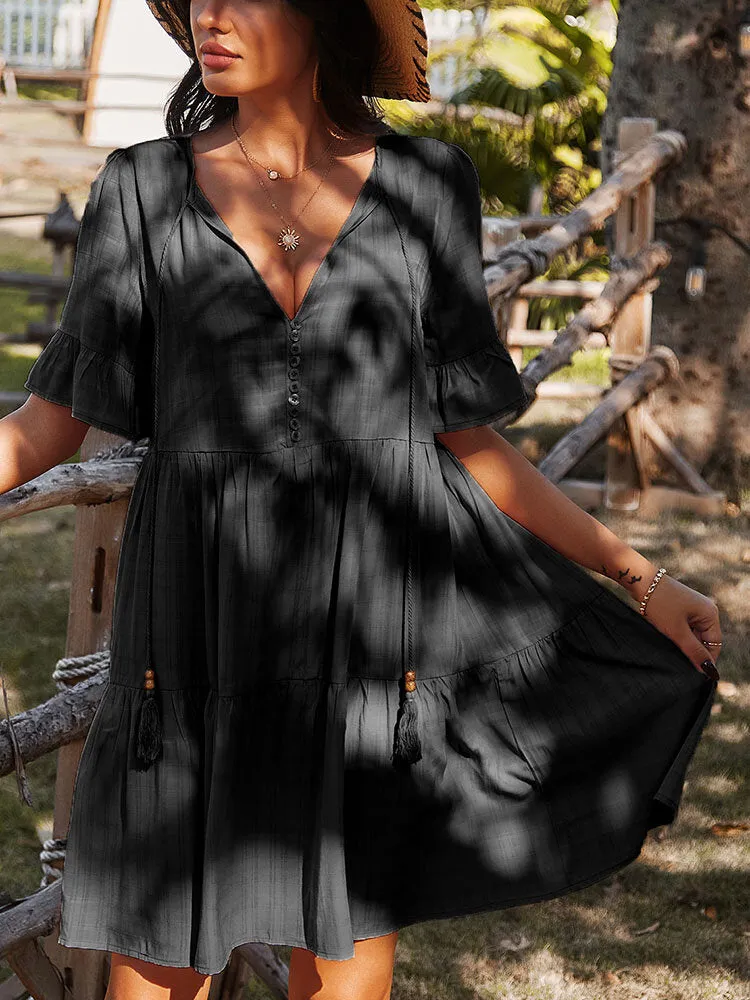 Bohemia Pure Color Knotted Button V-neck Half Sleeve Tassel Women Midi Dress