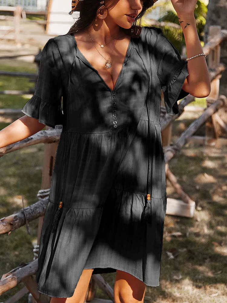 Bohemia Pure Color Knotted Button V-neck Half Sleeve Tassel Women Midi Dress