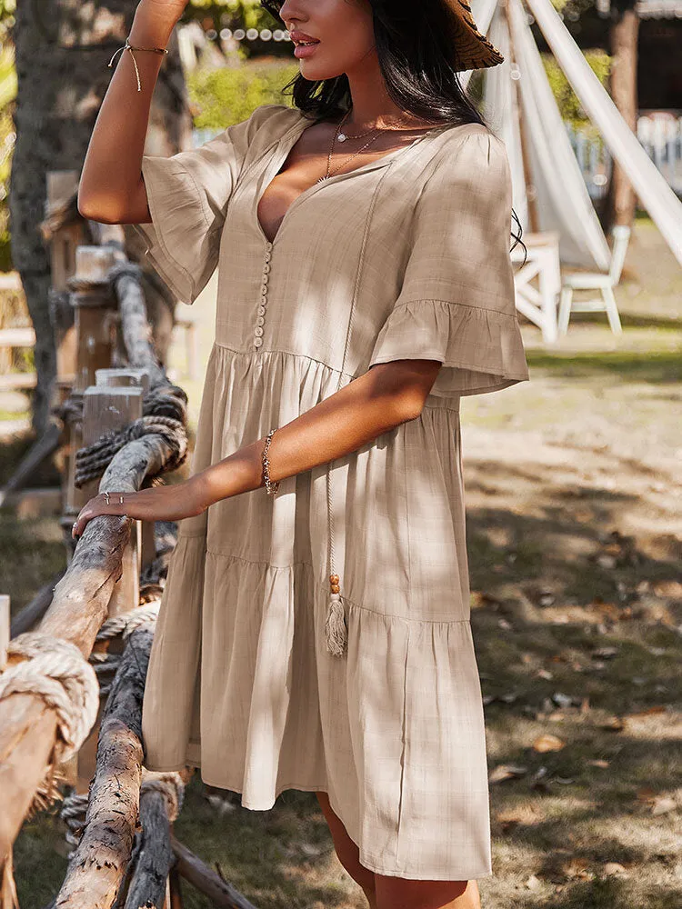 Bohemia Pure Color Knotted Button V-neck Half Sleeve Tassel Women Midi Dress