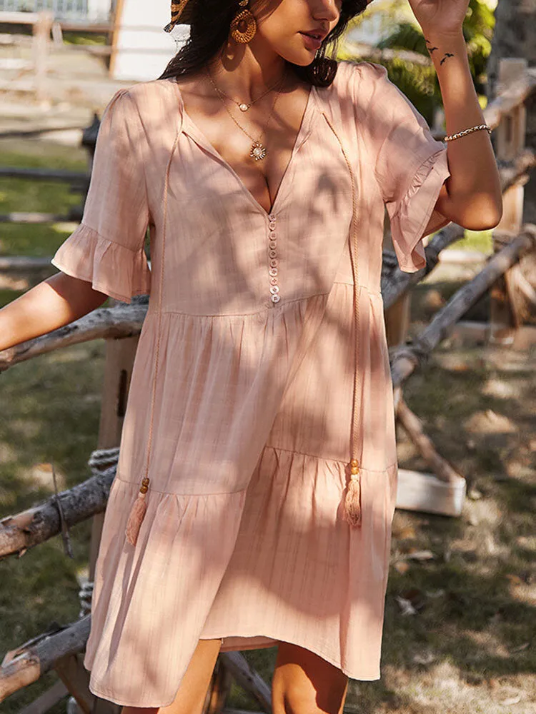 Bohemia Pure Color Knotted Button V-neck Half Sleeve Tassel Women Midi Dress