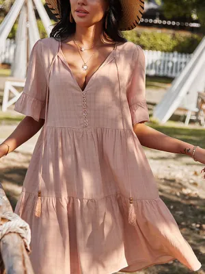 Bohemia Pure Color Knotted Button V-neck Half Sleeve Tassel Women Midi Dress