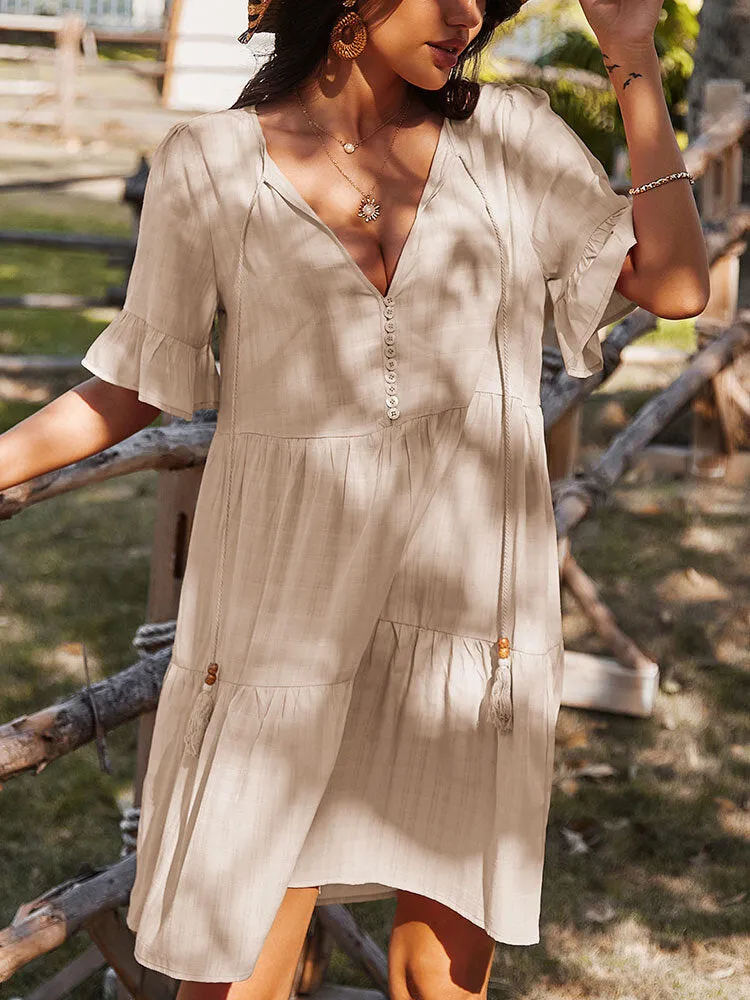 Bohemia Pure Color Knotted Button V-neck Half Sleeve Tassel Women Midi Dress