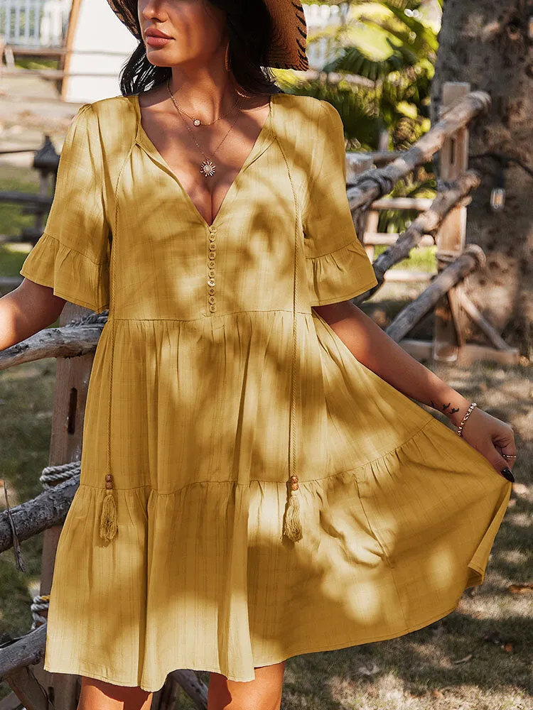 Bohemia Pure Color Knotted Button V-neck Half Sleeve Tassel Women Midi Dress