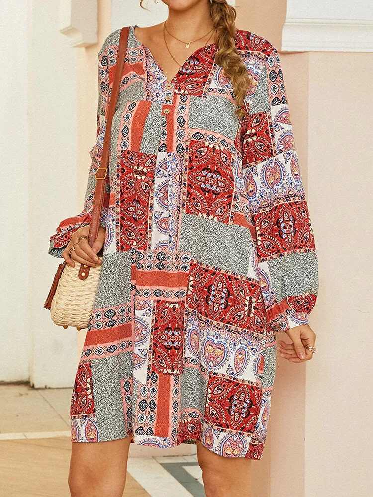 Color block Ethnic Style Print Puff Sleeve V-neck Bohemian Women Midi Dress