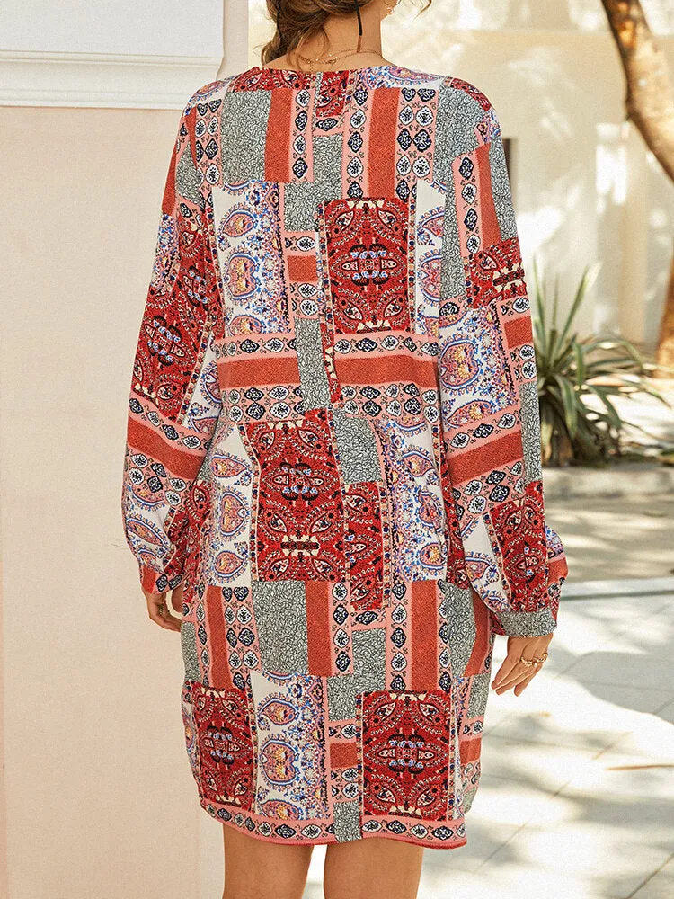 Color block Ethnic Style Print Puff Sleeve V-neck Bohemian Women Midi Dress