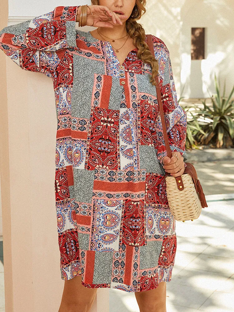 Color block Ethnic Style Print Puff Sleeve V-neck Bohemian Women Midi Dress
