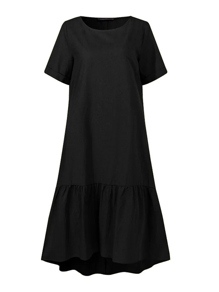 Cotton Pure Color Ruffles Round Neck Short Sleeve Casual Women Midi Dress