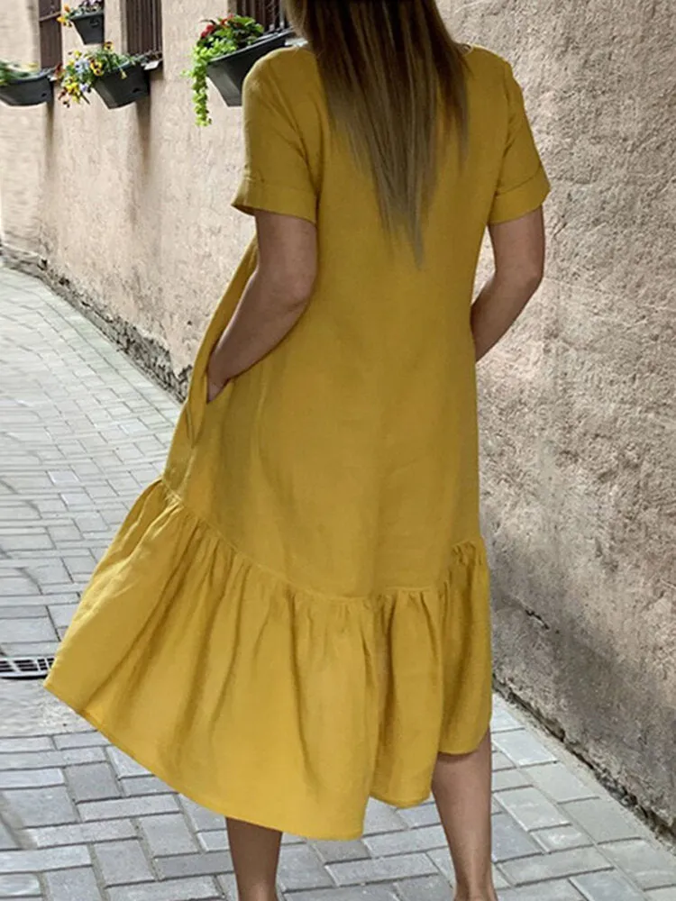 Cotton Pure Color Ruffles Round Neck Short Sleeve Casual Women Midi Dress