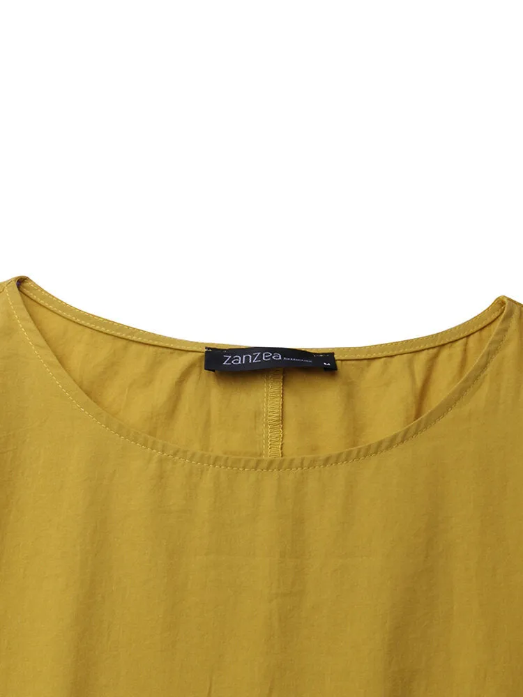 Cotton Pure Color Ruffles Round Neck Short Sleeve Casual Women Midi Dress