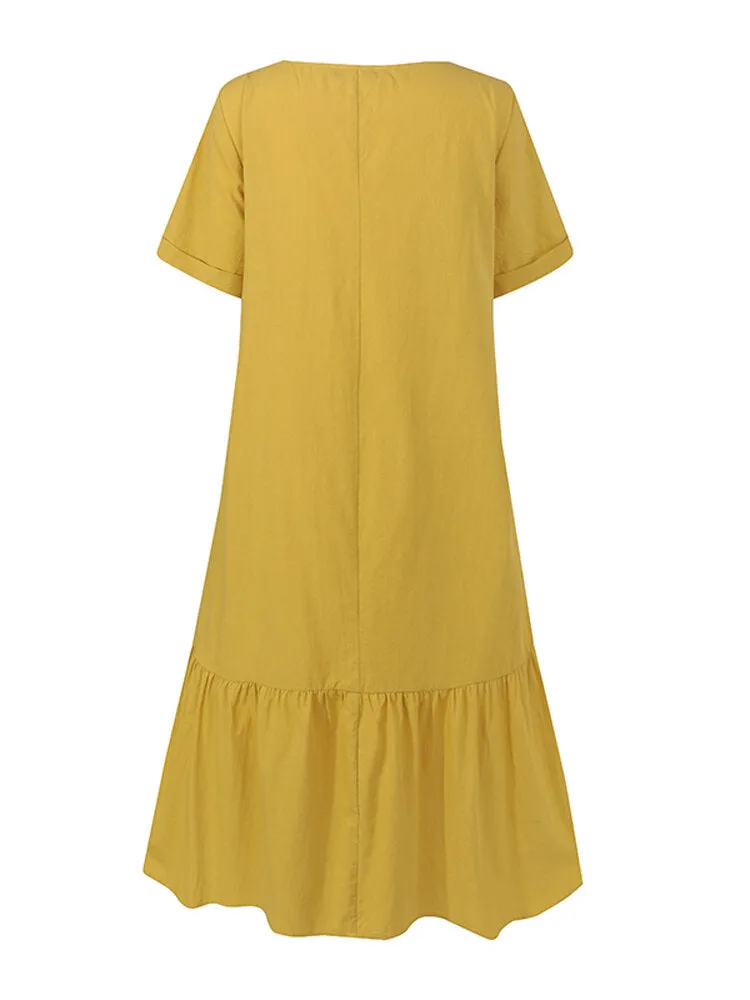Cotton Pure Color Ruffles Round Neck Short Sleeve Casual Women Midi Dress