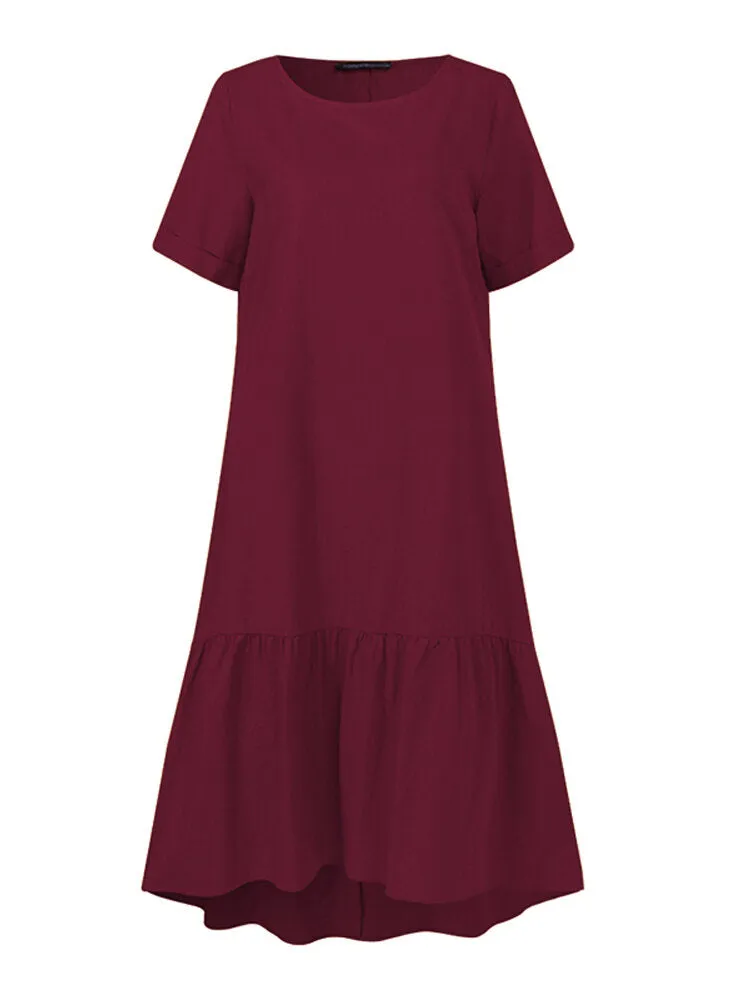 Cotton Pure Color Ruffles Round Neck Short Sleeve Casual Women Midi Dress