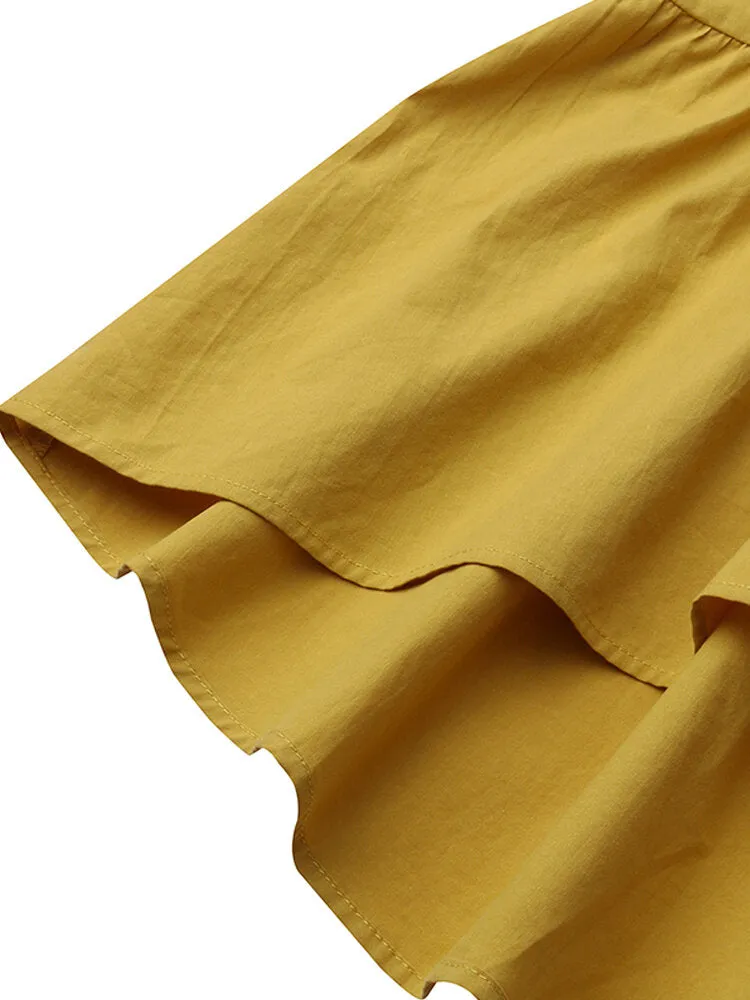 Cotton Pure Color Ruffles Round Neck Short Sleeve Casual Women Midi Dress