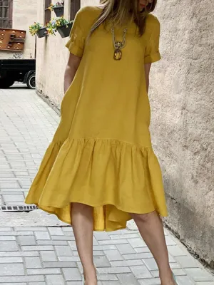 Cotton Pure Color Ruffles Round Neck Short Sleeve Casual Women Midi Dress