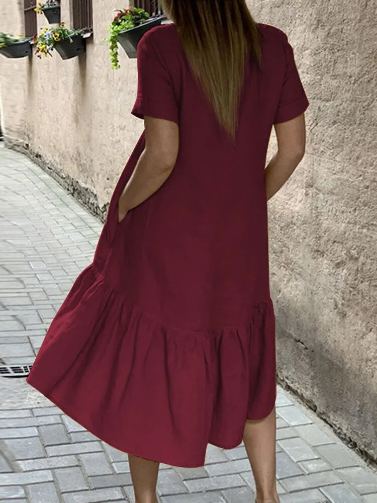 Cotton Pure Color Ruffles Round Neck Short Sleeve Casual Women Midi Dress